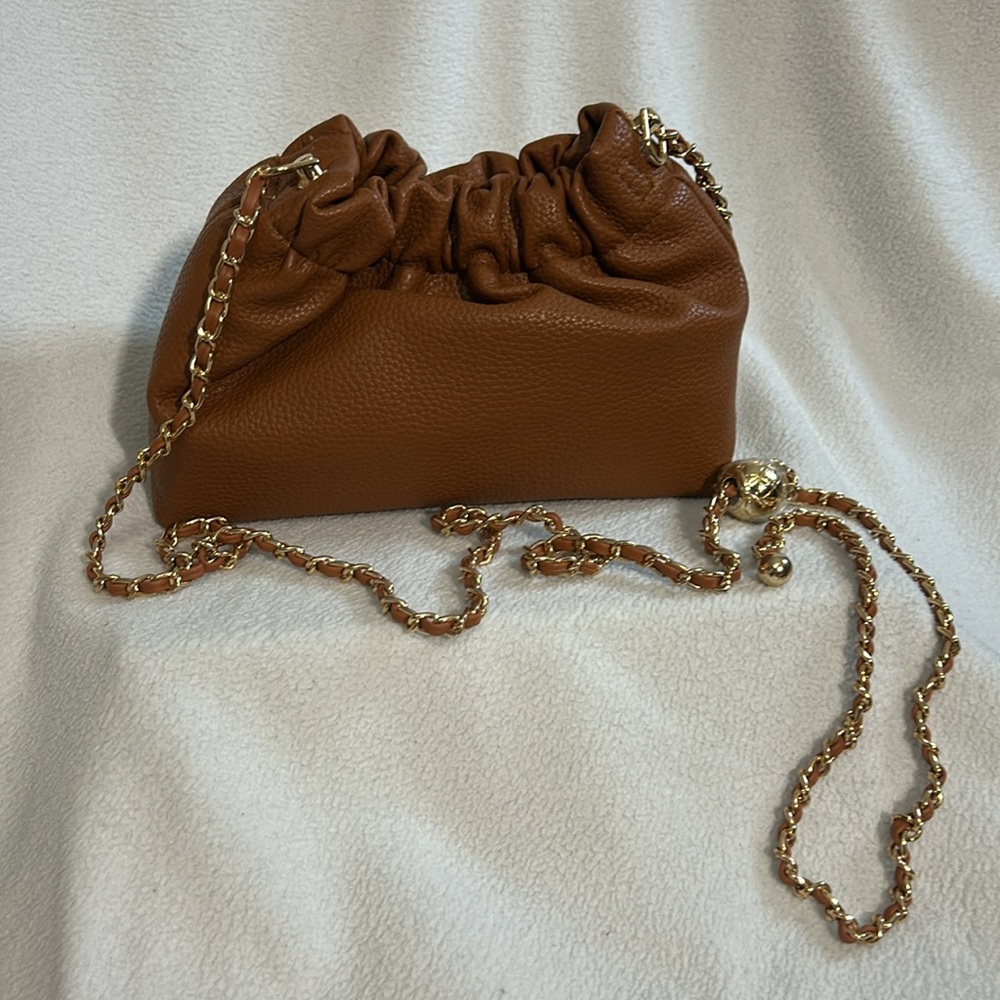 Gorgeous Scrunch Bag with Crossbody with Ball Accent in Brown